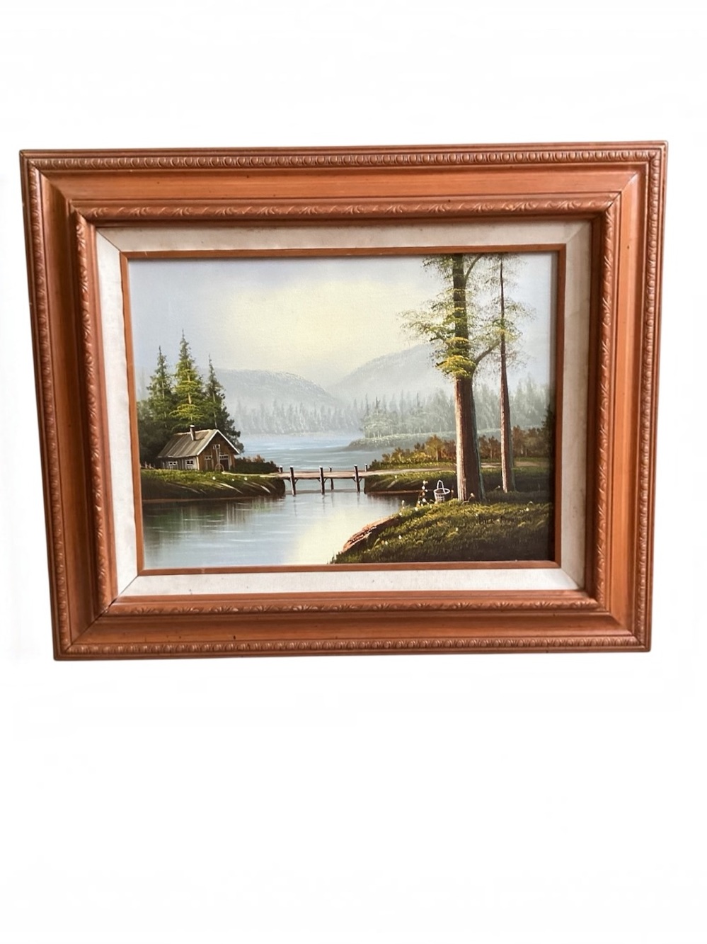 Vintage 70’s Oil Painting Rustic Cabin By River Bill Atkinson 18x22 Framed